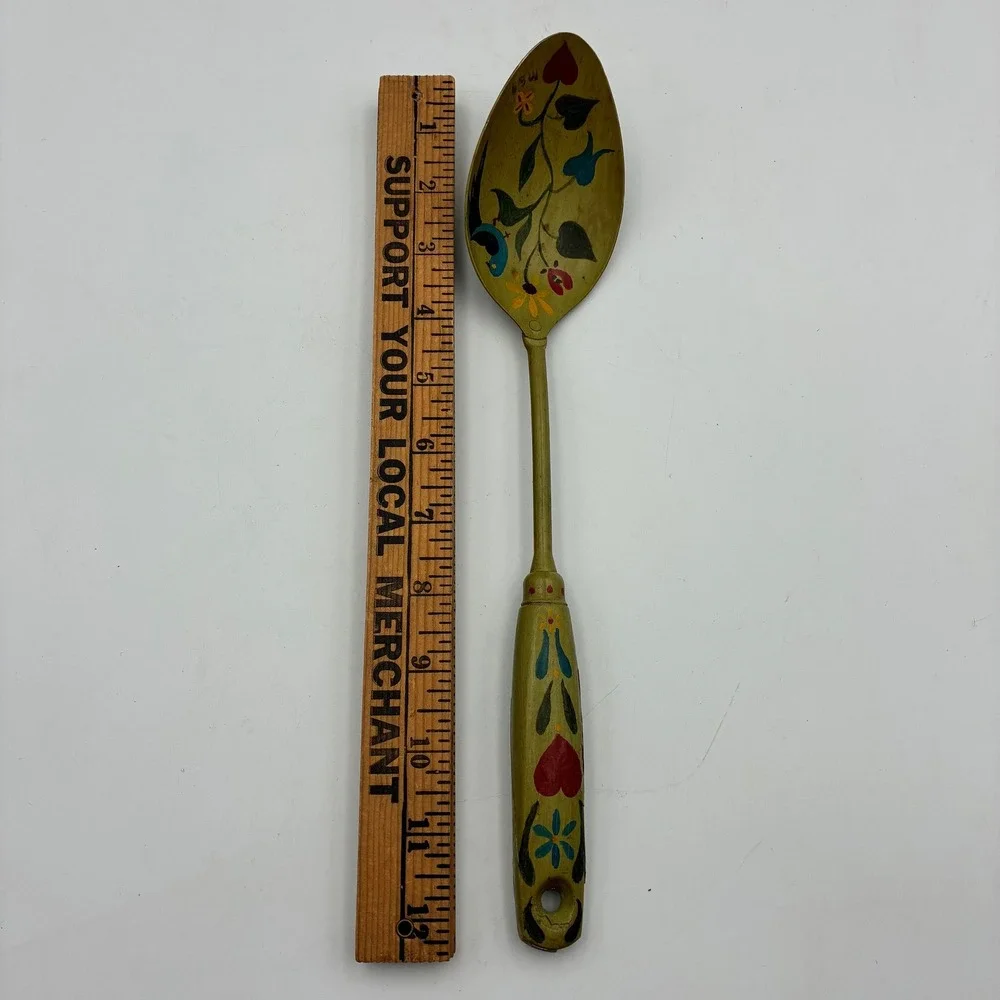 Vintage Hand Painted Folk Art Metal Spoon Blue Bird Hearts Toleware 12 Inch